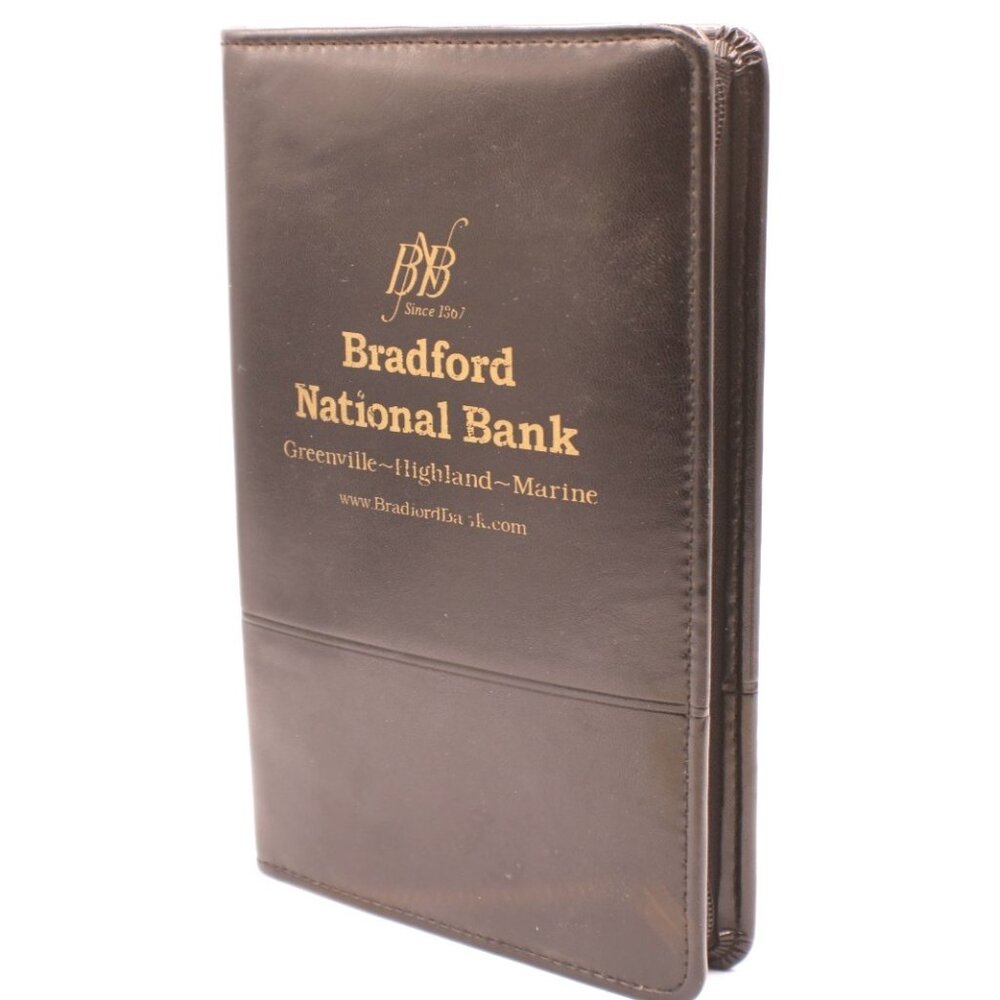 Leeds Full Zip Black Leather Organizer Notepad Holder Bradford National Bank Vtg